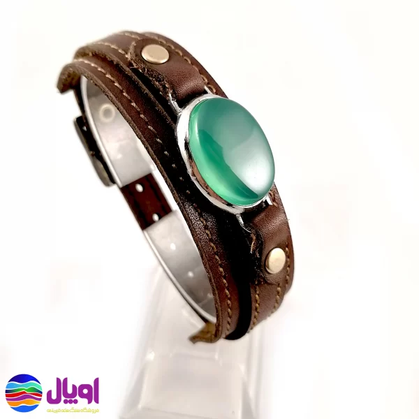 دستبند چرم طبیعی با نگین عقیق سبز 5.2 گرم-1