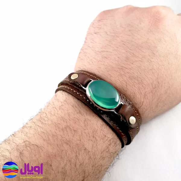 دستبند چرم طبیعی با نگین عقیق سبز 5.2 گرم-6